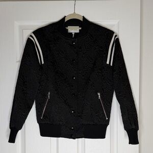 Sandro Black Brocade Quilted Bomber Jacket with White Stripes women’s Fr 36 (S)